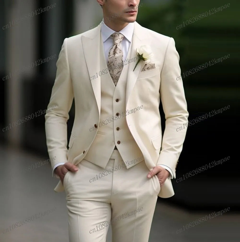 Costume ivoire pour hommes, Tuxedos d'affaires pour occasions formelles, marié, fête de mariage, bal de promo, ensemble 3 pièces, Blazer, gilet, pantalon