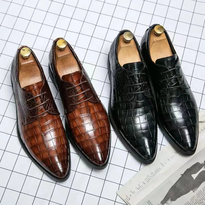 Chaussures habillées en cuir marron gaufré crocodile pour hommes, à bout pointu, à lacets, style Oxford, pour affaires, bureau, mariage, soirée, confortables