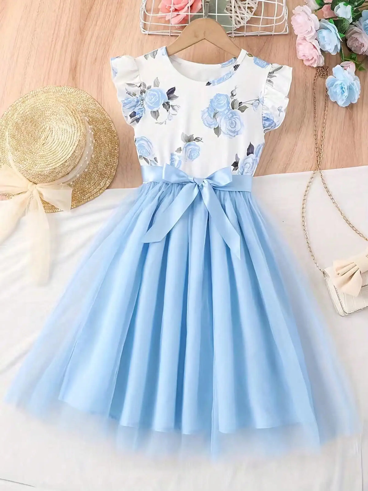 Robe décontractée à manches courtes pour fille, motif floral patchwork, couleur unie, col rond, cadeau d'été