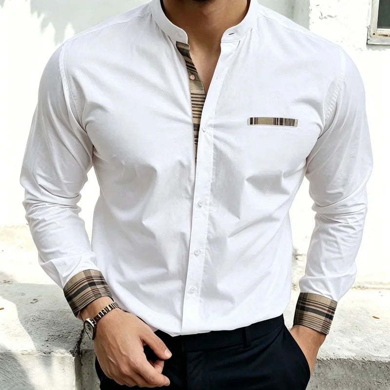 Chemise blanche à col montant pour homme, nouvelle collection, avec coutures à carreaux rétro, texture légère et luxueuse, haut à manches longues style business casual, tailles XS-6XL