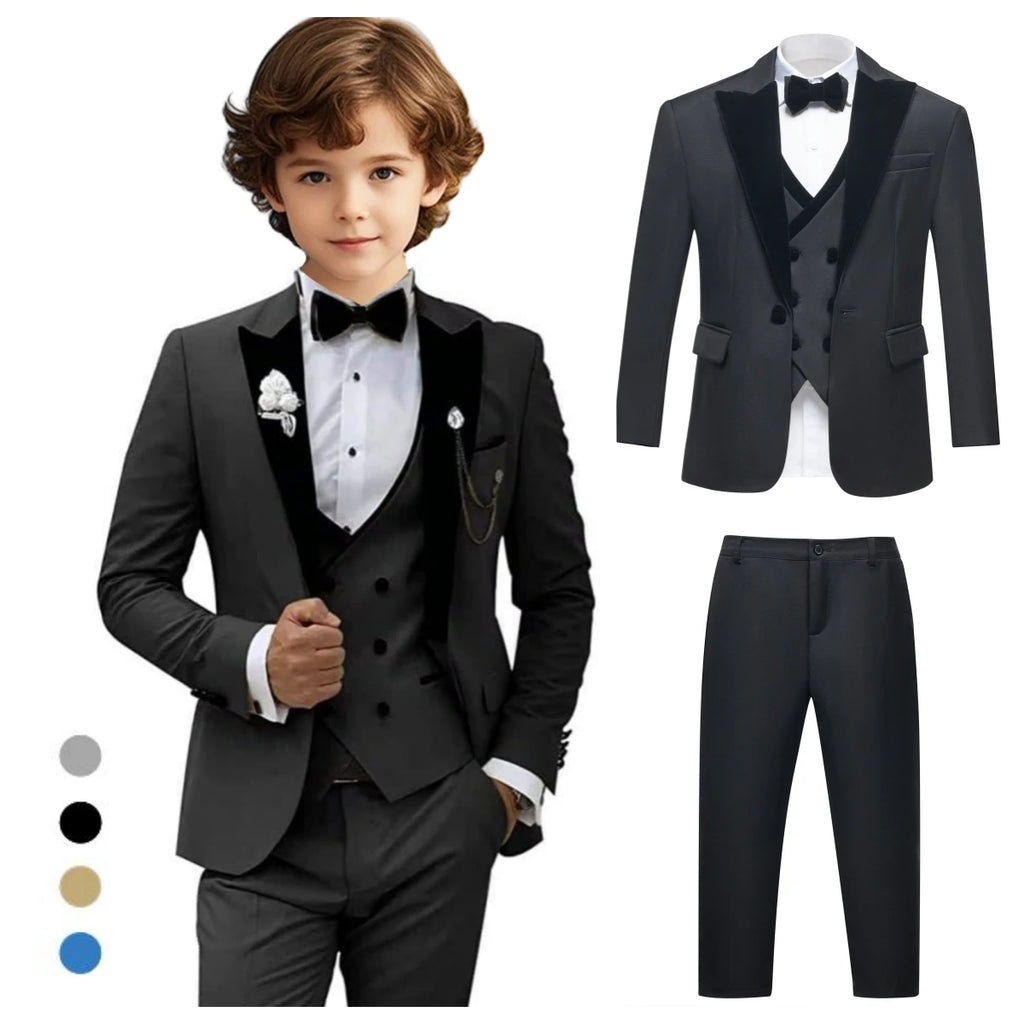 Ensemble de costume formel quatre pièces pour garçons, Blazer à col en velours, pantalon gilet, pantalon de smoking à nœud papillon, costumes de mariage pour enfants de retour