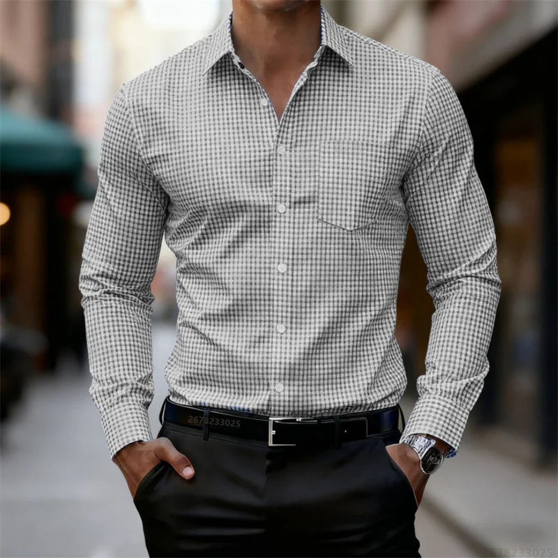 2025 Chemise à manches longues à carreaux fins bleu et blanc pour hommes d'affaires décontractée, coupe ajustée, chemise élégante pour hommes, disponible en 11 couleurs