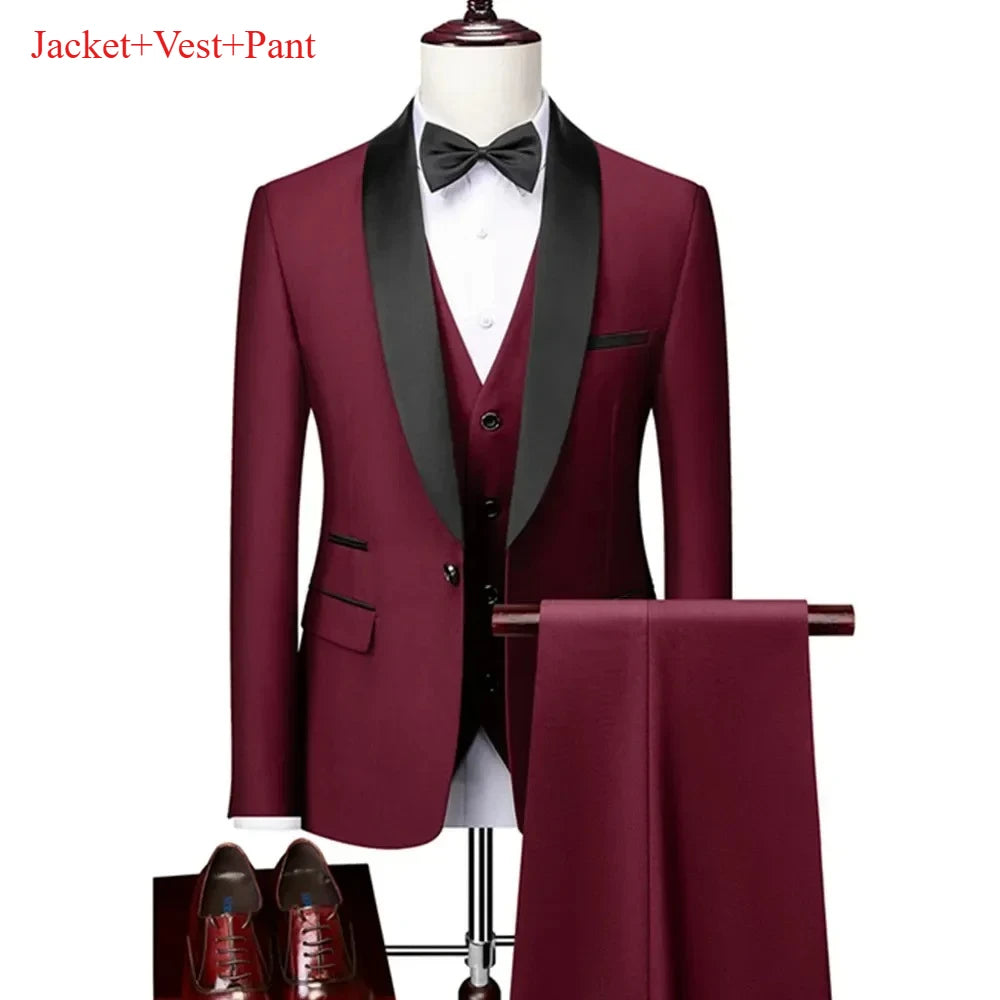 Ensemble de costume noir à revers pour hommes, manteau, gilet, pantalon/affaires pour garçons d'honneur, robe de mariée, pantalon Blazer Fprmal