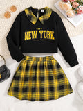 Ensemble 2 pièces décontracté pour filles, chemise à revers noir, manches longues, lettres imprimées, jupe à carreaux, nouvelle collection printemps automne