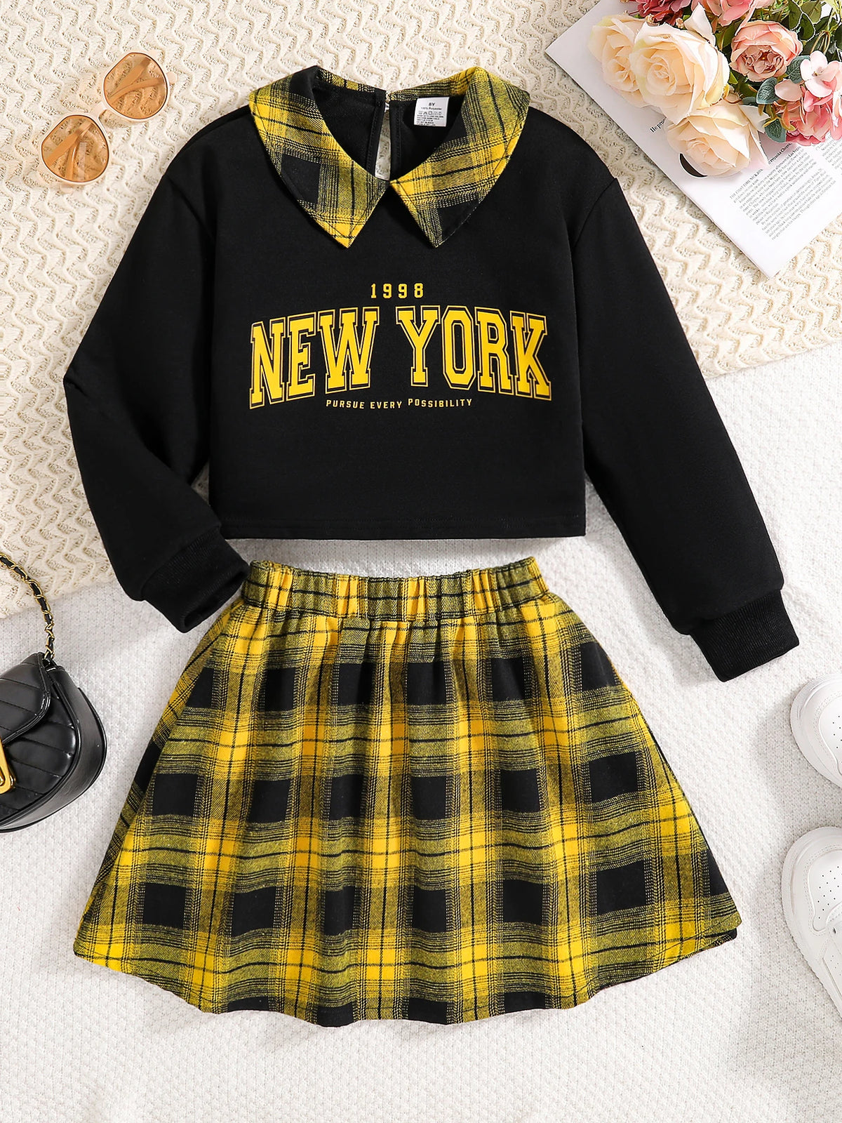Ensemble 2 pièces décontracté pour filles, chemise à revers noir, manches longues, lettres imprimées, jupe à carreaux, nouvelle collection printemps automne