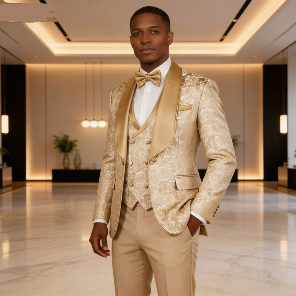 Costume de smoking formel 3 pièces en jacquard champagne pour homme avec blazer à revers châle, idéal pour le marié, le témoin ou les smoking pour soirée