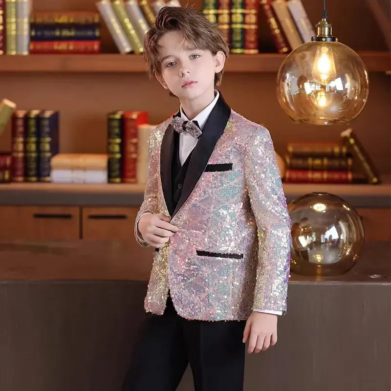 Ensemble de costume à paillettes pour garçons, costume de smoking formel pour mariage, veste, gilet, pantalon, 3 pièces, beau costume à fleurs pour enfant, pour spectacle de piano