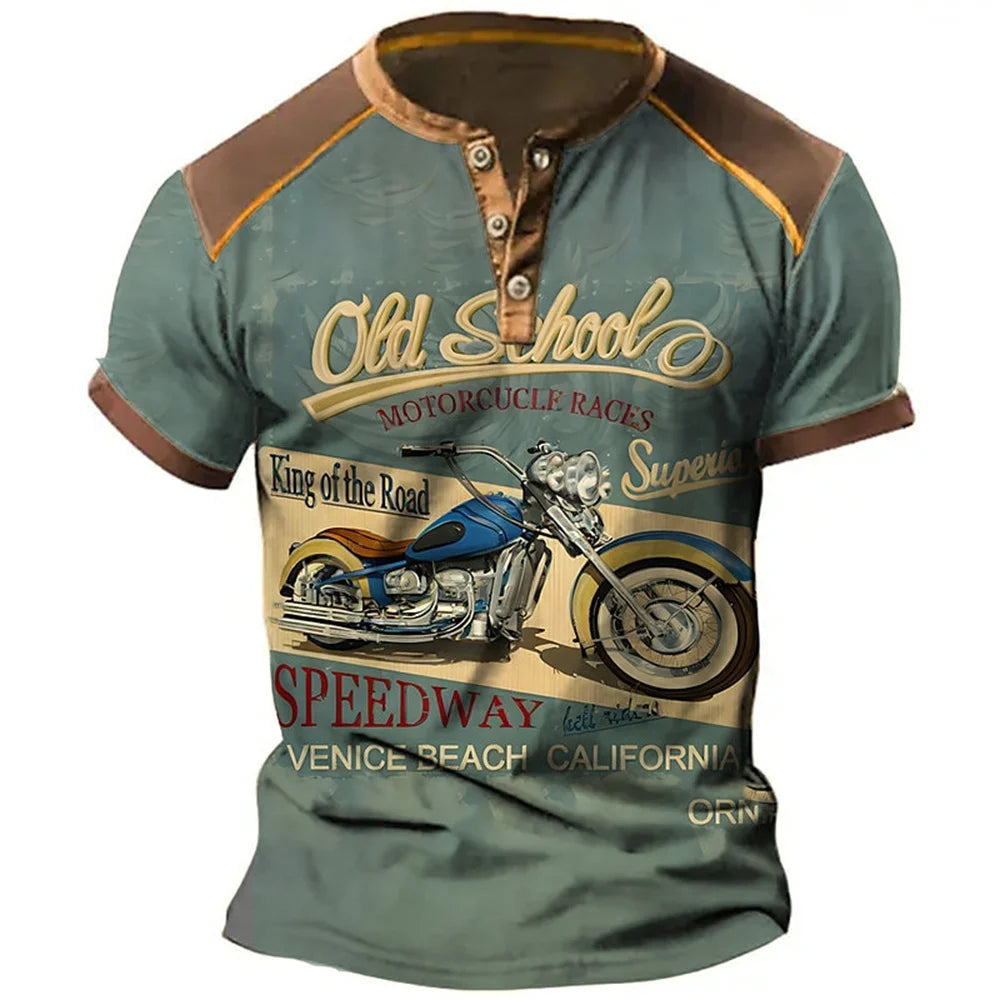 Chemises Henley pour hommes tendance, t-shirts amusants à imprimé 3D de moto, hauts décontractés d'été à manches courtes boutonnées, vêtements de sport pour la conduite en extérieur