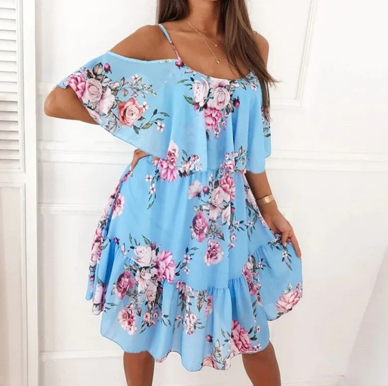 Femme robe 2025 été imprimé fleuri Sexy Spaghetti sangle hors épaule robe décontracté dames vacances plage Boho robes robes