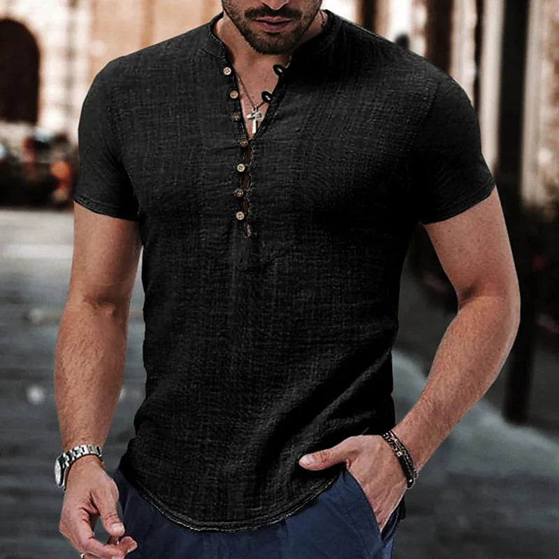 Nouveau t-shirt à manches courtes pour hommes col en V bouton chemise en coton et lin vêtements décontractés pour hommes hauts populaires pour hommes