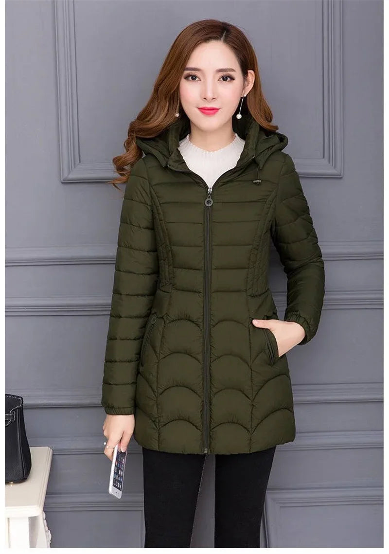 Manteau d'hiver pour femmes 2026, mode, mère d'âge moyen, veste en coton mince à capuche, taille plus, décontractée, unie, chaude, épaisse, parka