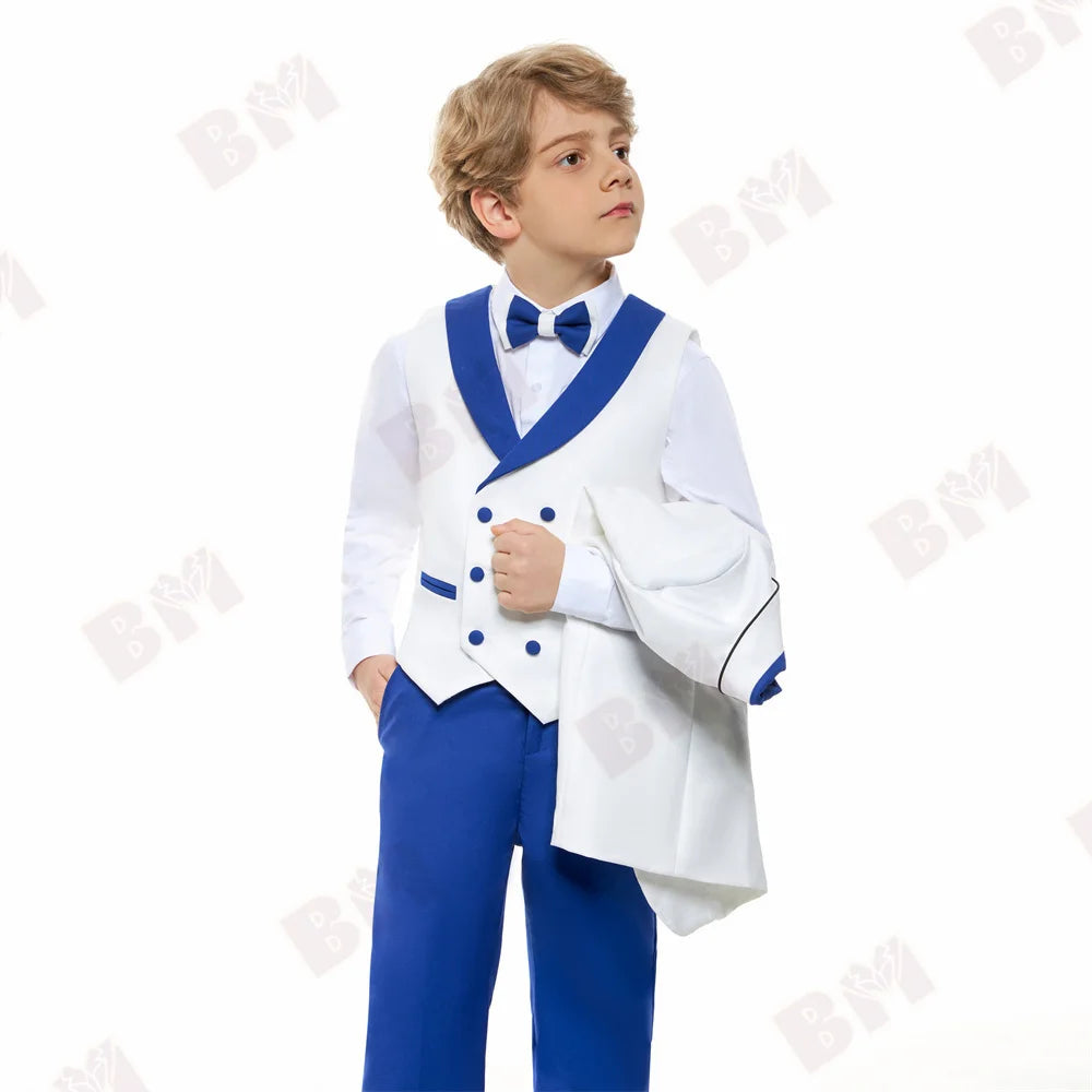 Vente chaude rouge blanc contraste garçons costume formel ensemble 3-14 ans 2026 4 pièces enfants mariage smoking Blazer gilet pantalon nœud papillon