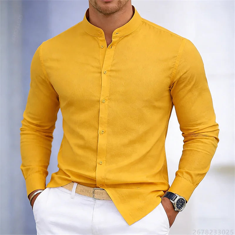 Chemise à manches longues pour homme, col montant, blanche ou noire, couleur unie, coupe ajustée, style business casual, tailles XS-6XL.