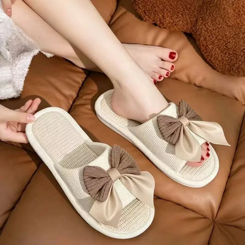 Chaussons d'été décontractés en lin pour femmes avec nœud multicolore fantaisie, antidérapants, à enfiler, pour la maison, pour filles, design simple et mignon