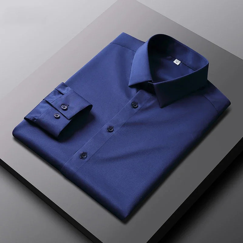 Chemise à manches longues pour hommes, couleur unie, décontractée et à la mode, haut d'affaires sans repassage et résistant aux rides