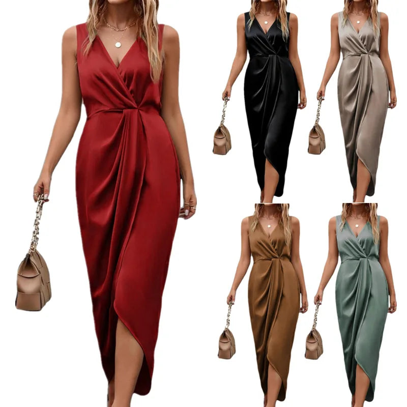 Robe longue élégante double face tendance 2026, col en V, sans manches, fente asymétrique, pour femme, collection Printemps-Été
