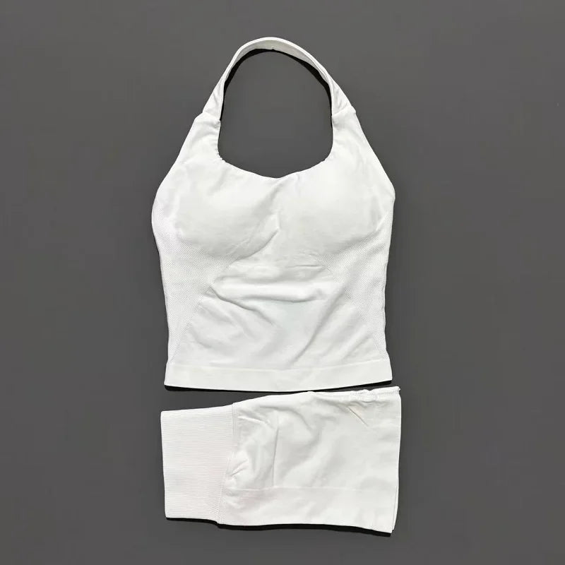 Ensemble de sport 2 pièces pour femme : débardeur long à bretelles rembourré et short de sport sans couture pour le yoga, le fitness et la course à pied