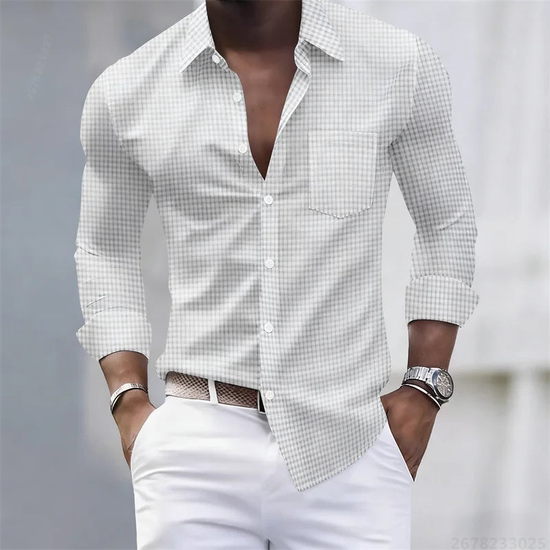 Chemise pour hommes 13 couleurs, chemise à manches longues à carreaux bleu clair et blanc, haut pour hommes coupe slim, décontracté, d'affaires et de déplacement.