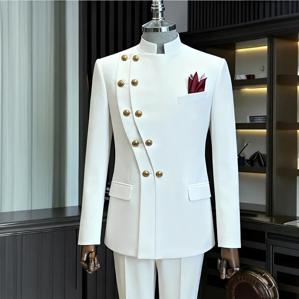 Costume de Mariage Homme Bleu Marine Croisé à Double Boutonnage Col Montant – 2 Pièces (Blazer + Pantalon) – Idéal pour le Marié ou le Garçon d'Honneur