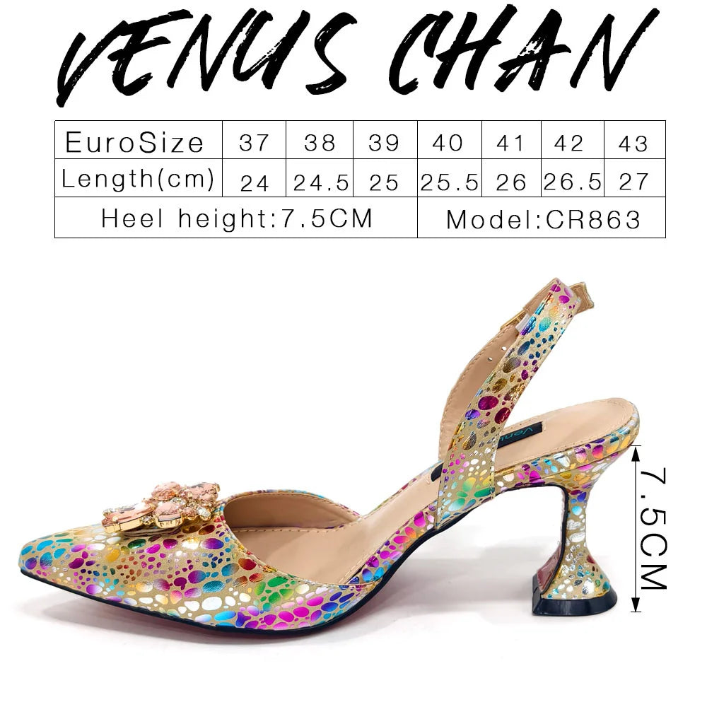 Ensemble élégant de talons à strass et sac assorti Venus Chan, talons carrés à bout pointu imprimés colorés pour les soirées de banquet et les sorties en boîte de nuit