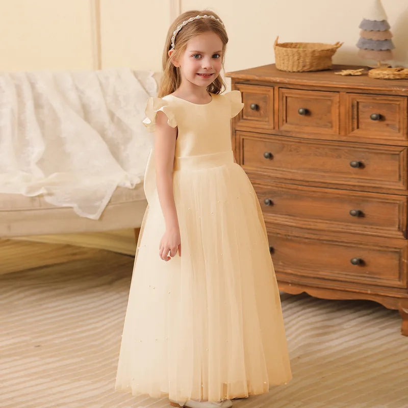 Robe de princesse d'été en tulle à fleurs pour fille, dos nu, avec nœud, pour anniversaire, mariage, piano, fête, ou tenue de cérémonie pour bébé fille