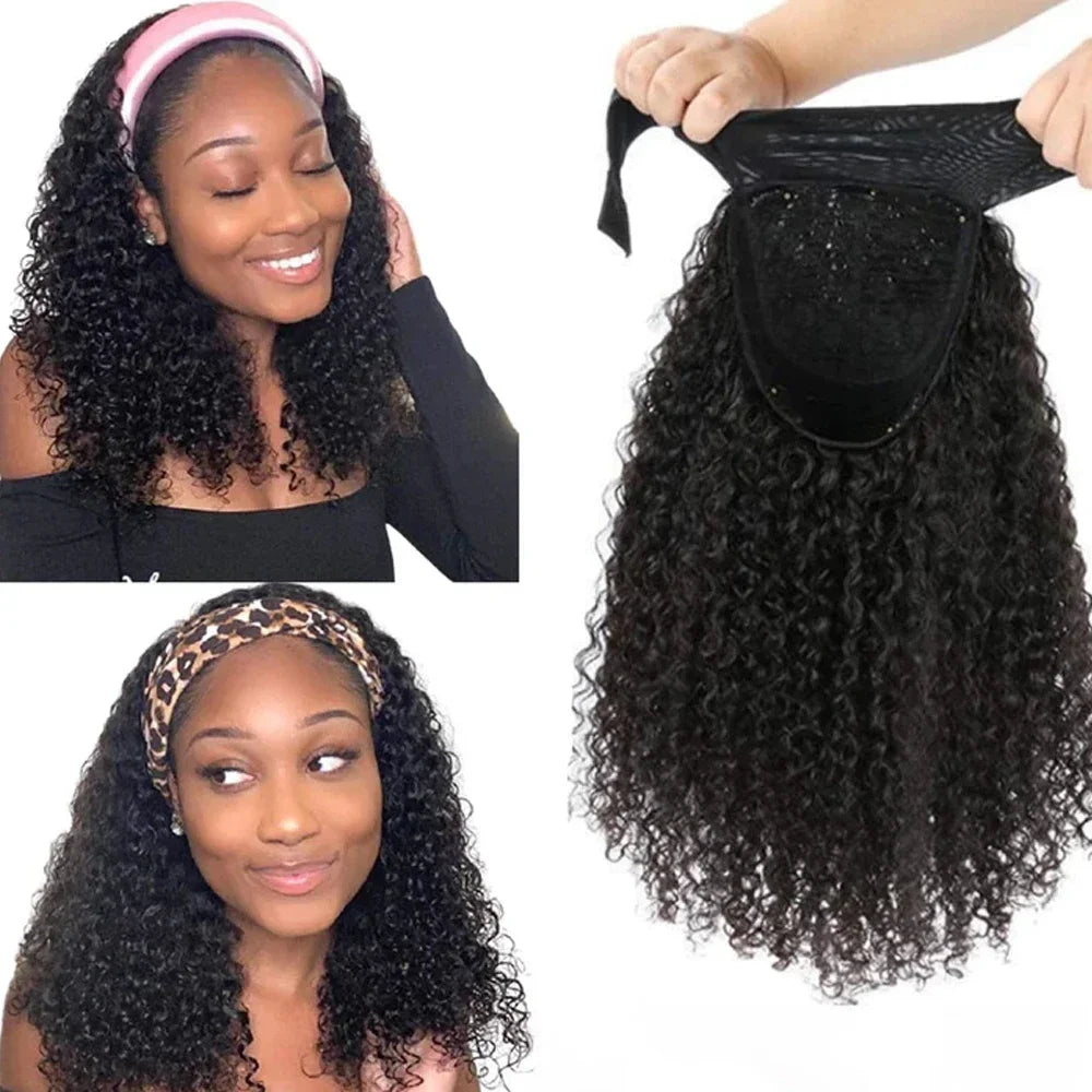 Crépus bouclés bandeau perruques brésilien Remy cheveux humains 180% densité 20 pouces porter à aller sans colle vague d'eau bandeau perruque pour les femmes