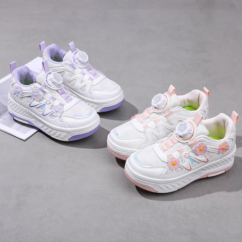 HeelysChildren petite fleur décorée quatre roues patins chaussures de sport respirant patins à roulettes filles chaussures cadeaux de vacances