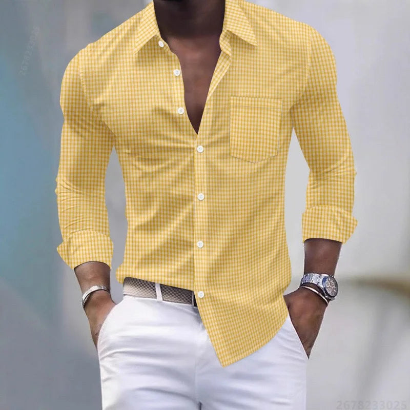 Chemise pour hommes 13 couleurs, chemise à manches longues à carreaux bleu clair et blanc, haut pour hommes coupe slim, décontracté, d'affaires et de déplacement.