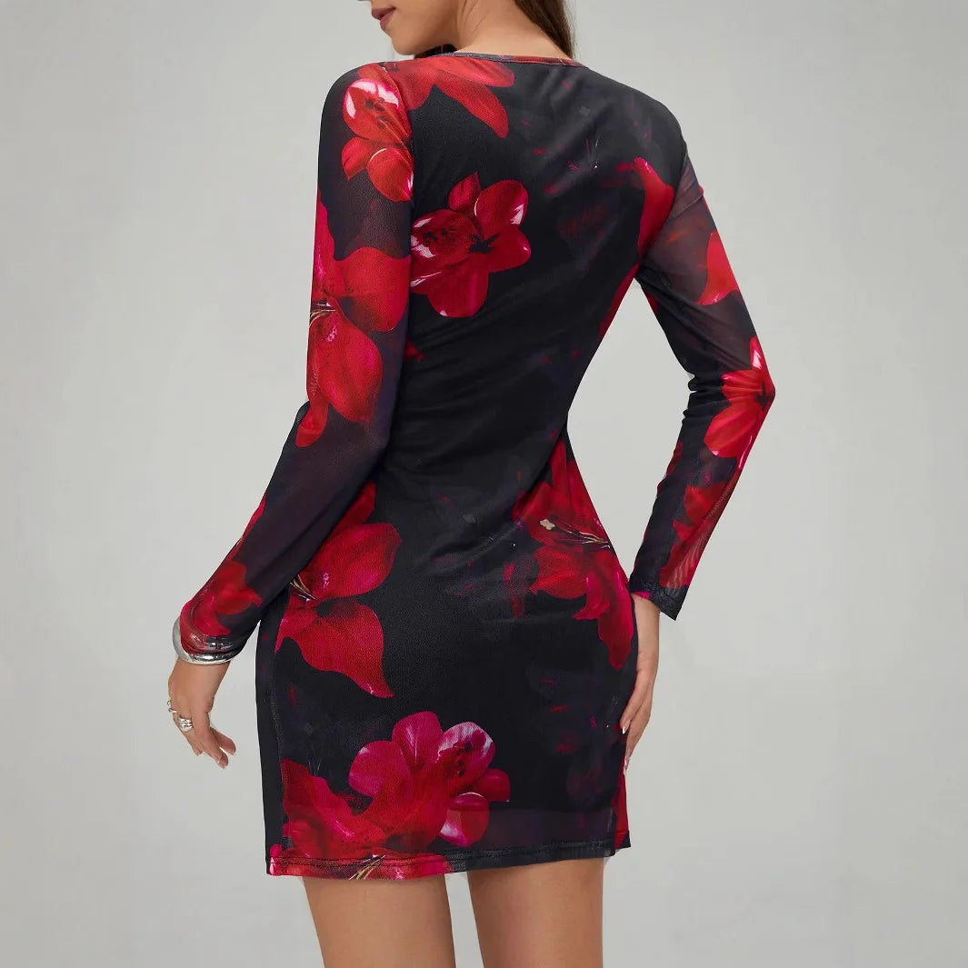 Mini-jupe moulante sexy pour femme, à manches longues, imprimé floral, col rond, en maille, pour soirée, club ou rendez-vous, collection automne