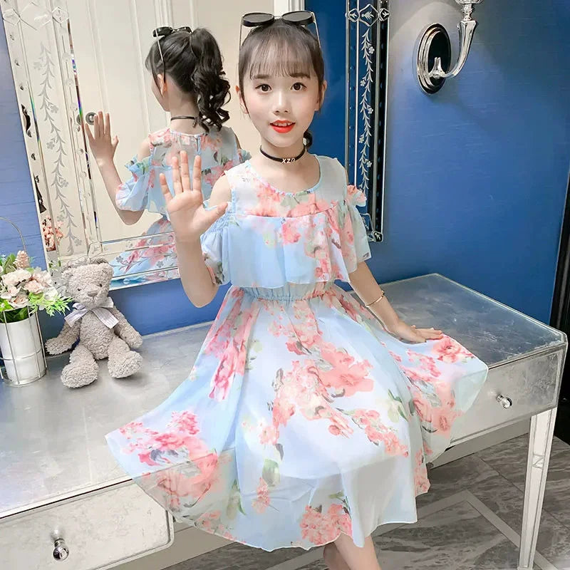 Robe d'été fine pour fille, robe de princesse florale en mousseline, vêtements d'été décontractés pour enfants, robes pour filles, Vestidos
