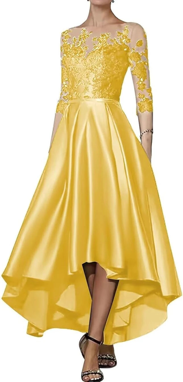 Robe en satin à col en V pour mère de la mariée, robe trapèze élégante longueur thé, devant court, dos long, invité de mariage