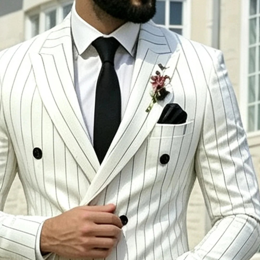 Costume de luxe pour homme, double boutonnage, à fines rayures blanches, 2 pièces (veste et pantalon), pour mariage, marié, affaires, bal de promo, costume sur mesure
