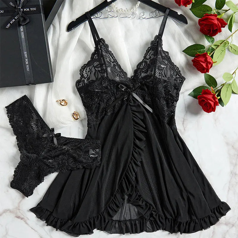 Ensemble de lingerie féminine S-2XL en dentelle, comprenant une nuisette à bretelles spaghetti et col en V, des culottes transparentes et un kit de pyjama intime