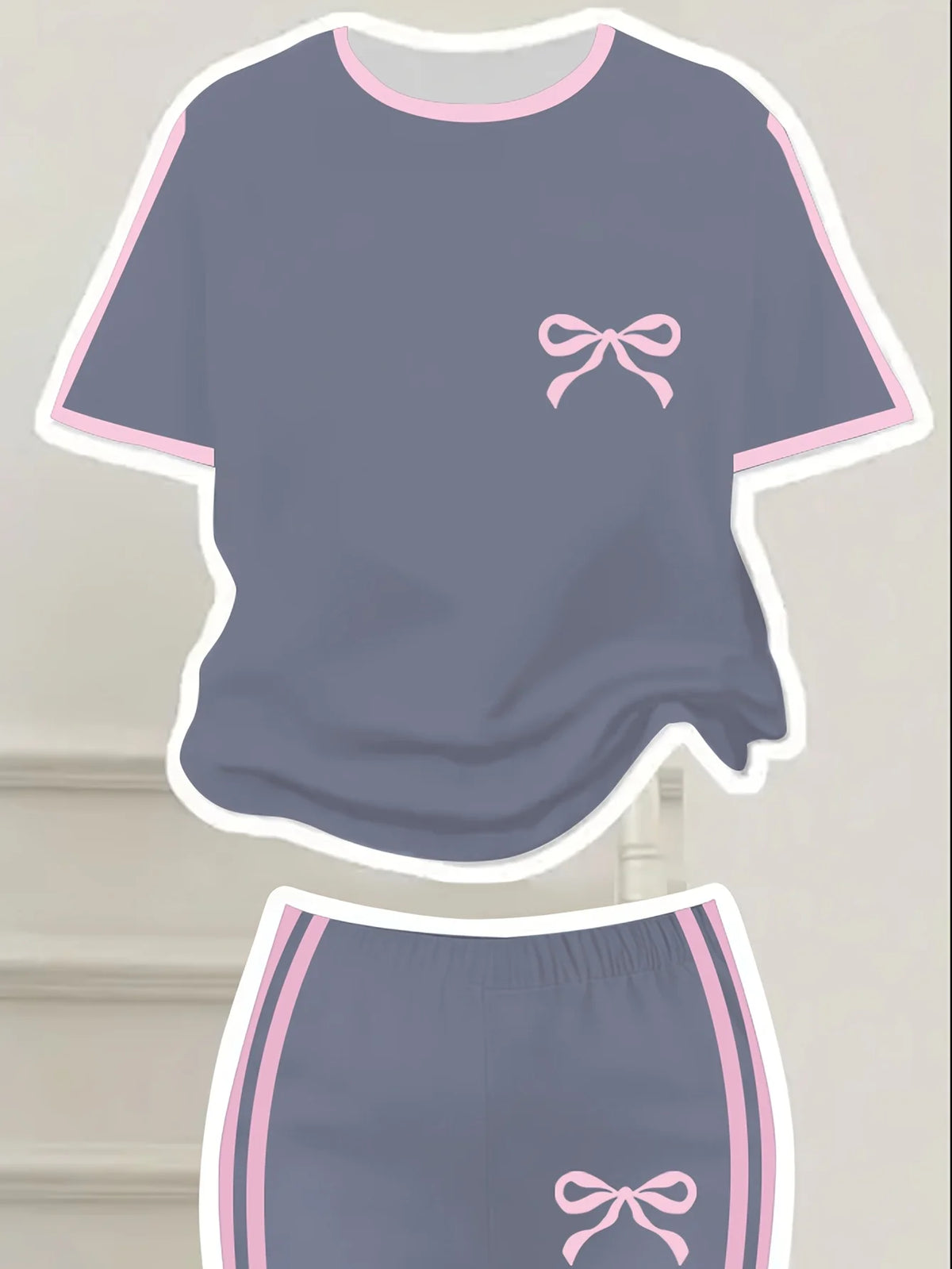 Tenue d'été décontractée pour filles : T-shirt à manches courtes imprimé nœud + pantalon long évasé, ensemble deux pièces avec bordure rose et imprimé nœud, tendance et polyvalent, adapté aux filles de 4 à 12 an