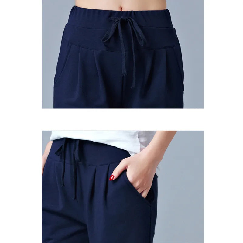 Pantalon court extensible bleu taille haute pour femme, pantalon sarouel athlétique léger gris d'été, short noir à cordon de serrage.