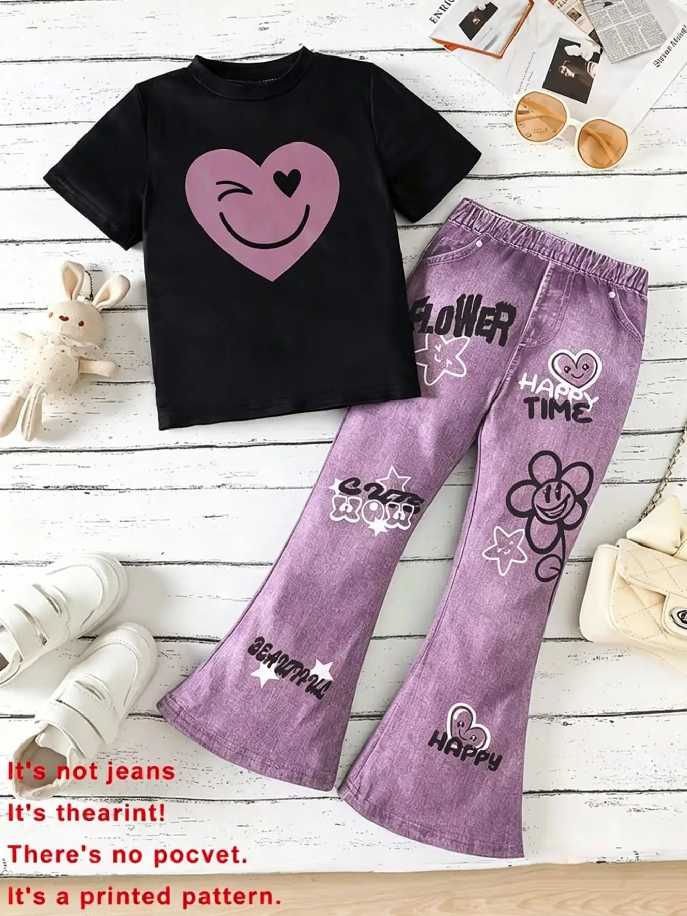 Tenue d'été décontractée pour filles : haut noir à manches courtes avec imprimé visage souriant + pantalon évasé violet avec imprimé anglais, ensemble deux pièces adapté aux enfants de 3 ans et plus, vêtements pol