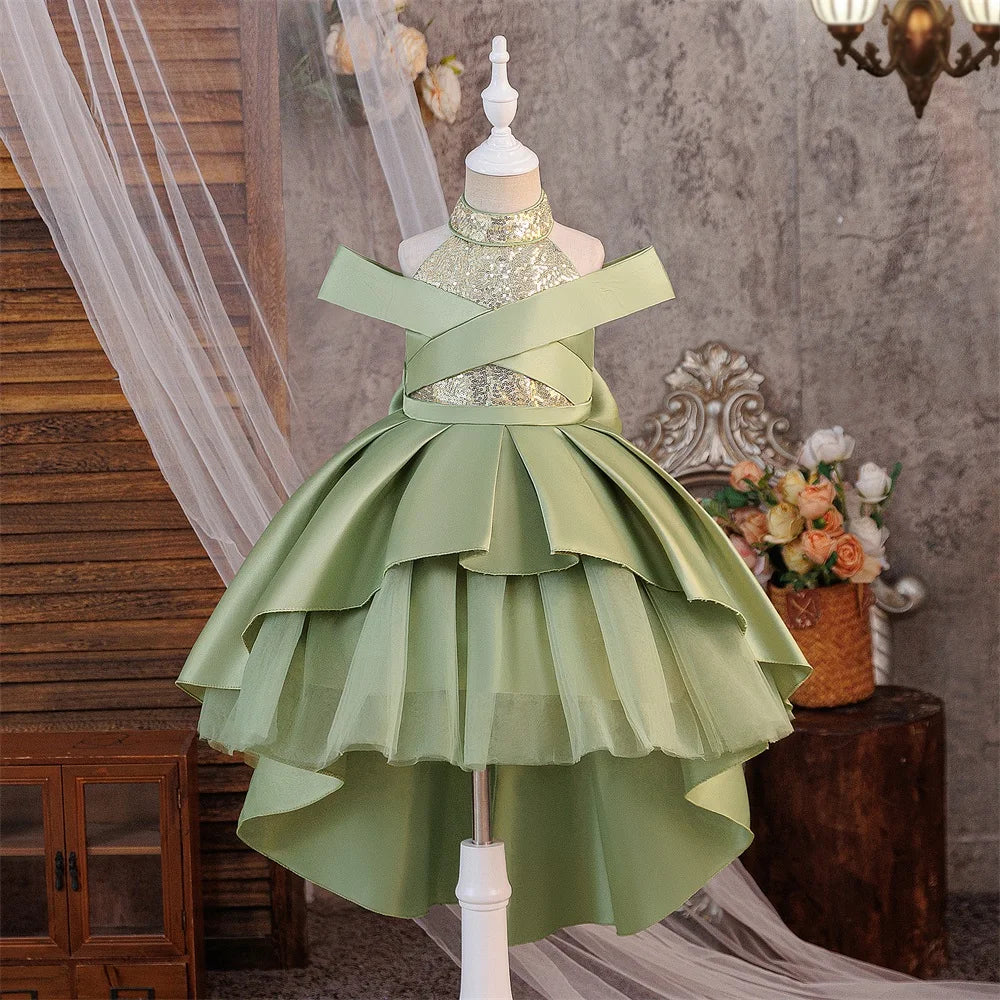 Robe de soirée élégante à sequins pour filles, avec traîne, pour mariage, demoiselles d'honneur, bal de promo, avec nœud, pour anniversaire, concours de beauté, vêtements pour enfants