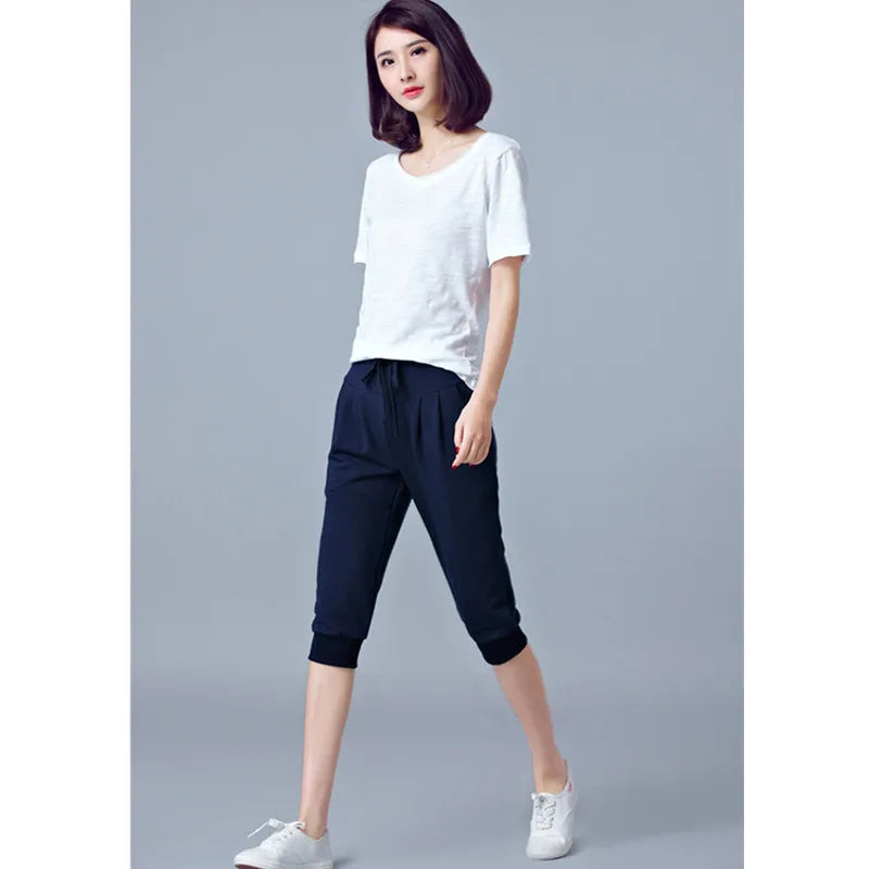 Pantalon court extensible bleu taille haute pour femme, pantalon sarouel athlétique léger gris d'été, short noir à cordon de serrage.