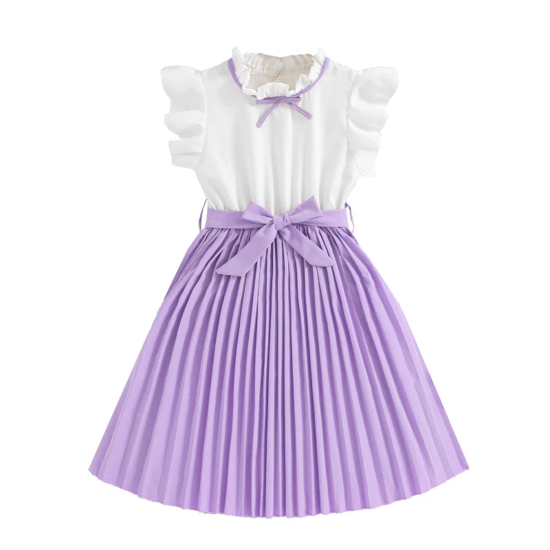 Robe pour filles, manches pétales blanches, jupe kaki plissée et nœud papillon, Style Preppy, vêtements de fête d'anniversaire élégants pour 8 à 12 ans