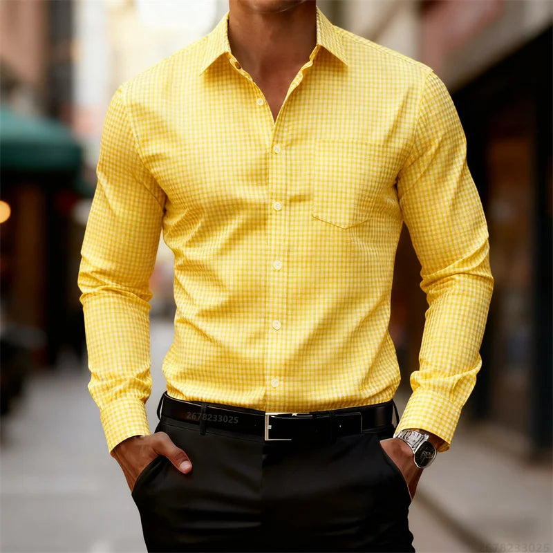 2025 Chemise à manches longues à carreaux fins bleu et blanc pour hommes d'affaires décontractée, coupe ajustée, chemise élégante pour hommes, disponible en 11 couleurs