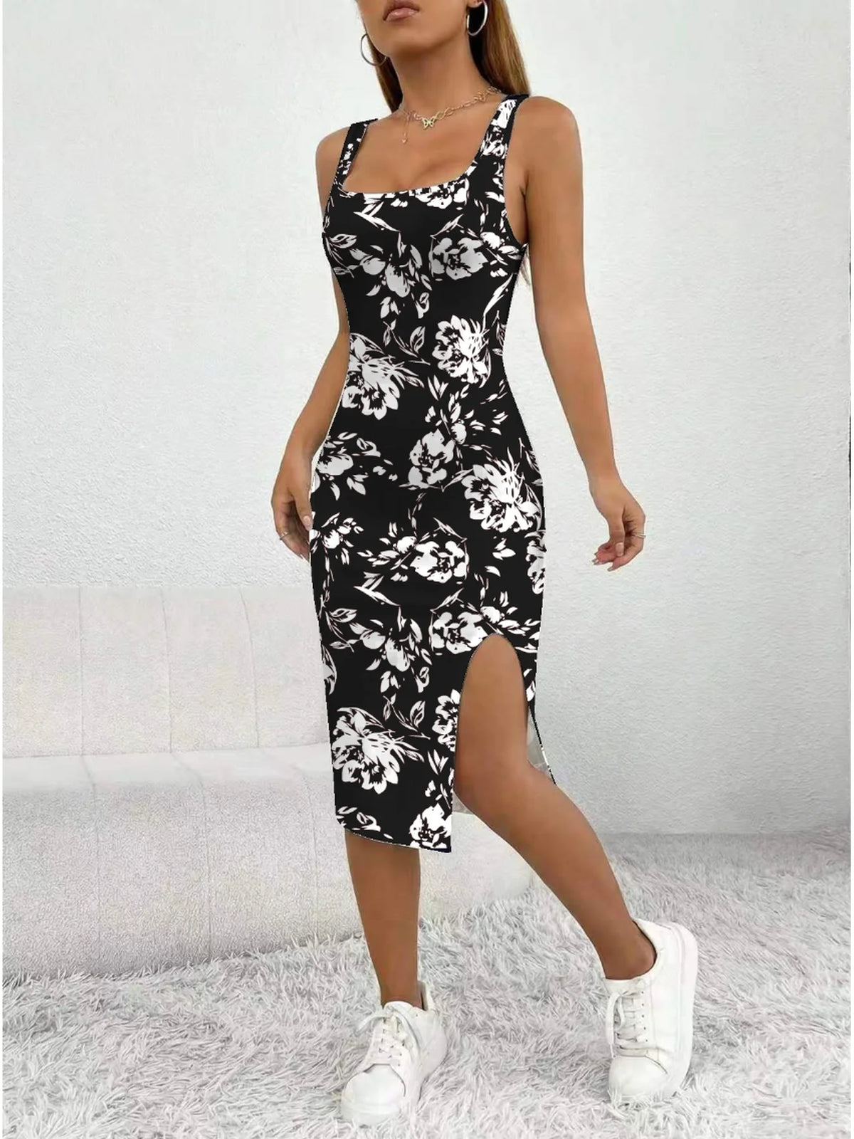 Robe mi-longue décontractée et élégante pour femme, col carré, motif géométrique, motif floral, fente latérale, idéale pour l'été