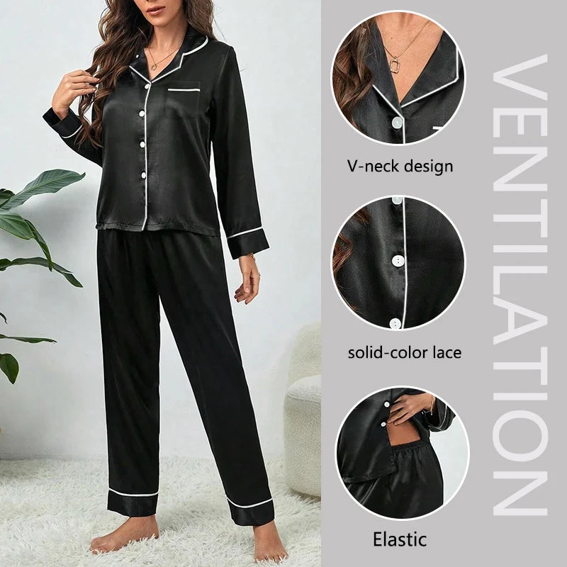 Pyjama grande taille pour femme, ensemble deux pièces en soie glacée, manches longues, vêtements de nuit, couleur unie, automne et hiver