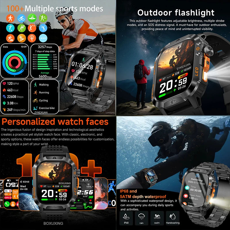 Nouvelle montre connectée militaire 2026 pour hommes, batterie 1200 mAh, étanche 5ATM, suivi d'activité, santé, fréquence cardiaque, compatible iOS et Android