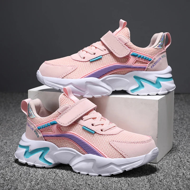 Superbes baskets roses pour filles, respirantes, en maille, plates, pour le sport, chaussures décontractées pour enfants, pour l'école, la marche, antidérapantes