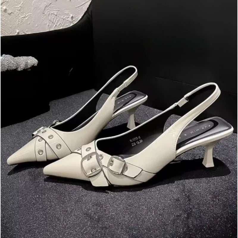 Marque de luxe concepteur femmes sandales mode bout pointu boucle sangle métal à talons hauts chaton talon élégant unique chaussures femme