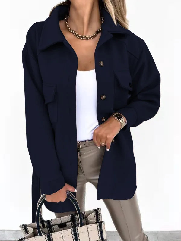 Manteau en laine mélangée pour femme, automne-hiver, col à revers, veste trench à simple boutonnage avec ceinture, coupe ample et chaude.