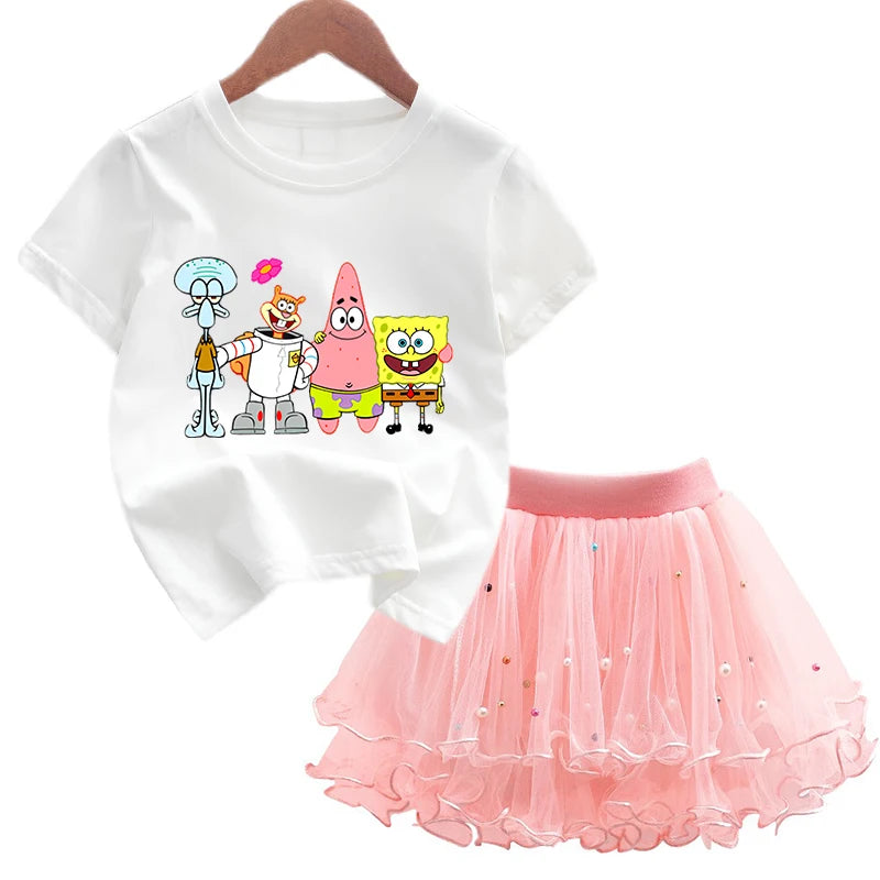 Robe Bob l'éponge pour filles, vêtements d'anniversaire pour enfants, robe de princesse de fête, T-shirt + jupe Tutu, cadeau de soirée d'été, 2 pièces/ensemble