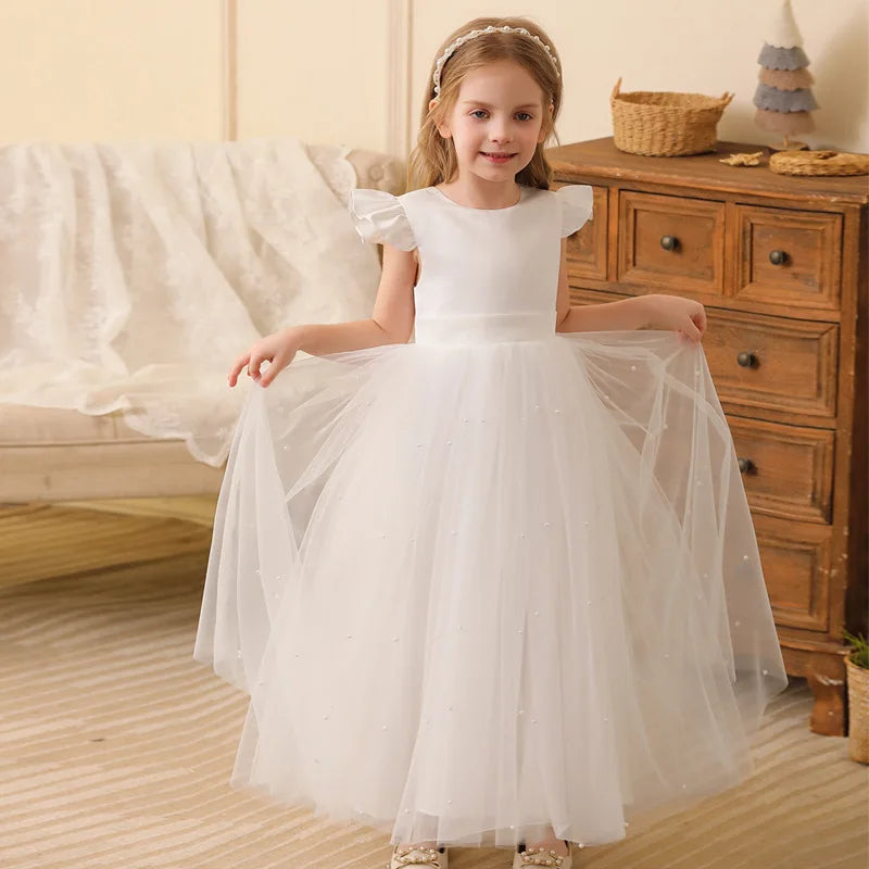 Robe de princesse d'été en tulle à fleurs pour fille, dos nu, avec nœud, pour anniversaire, mariage, piano, fête, ou tenue de cérémonie pour bébé fille