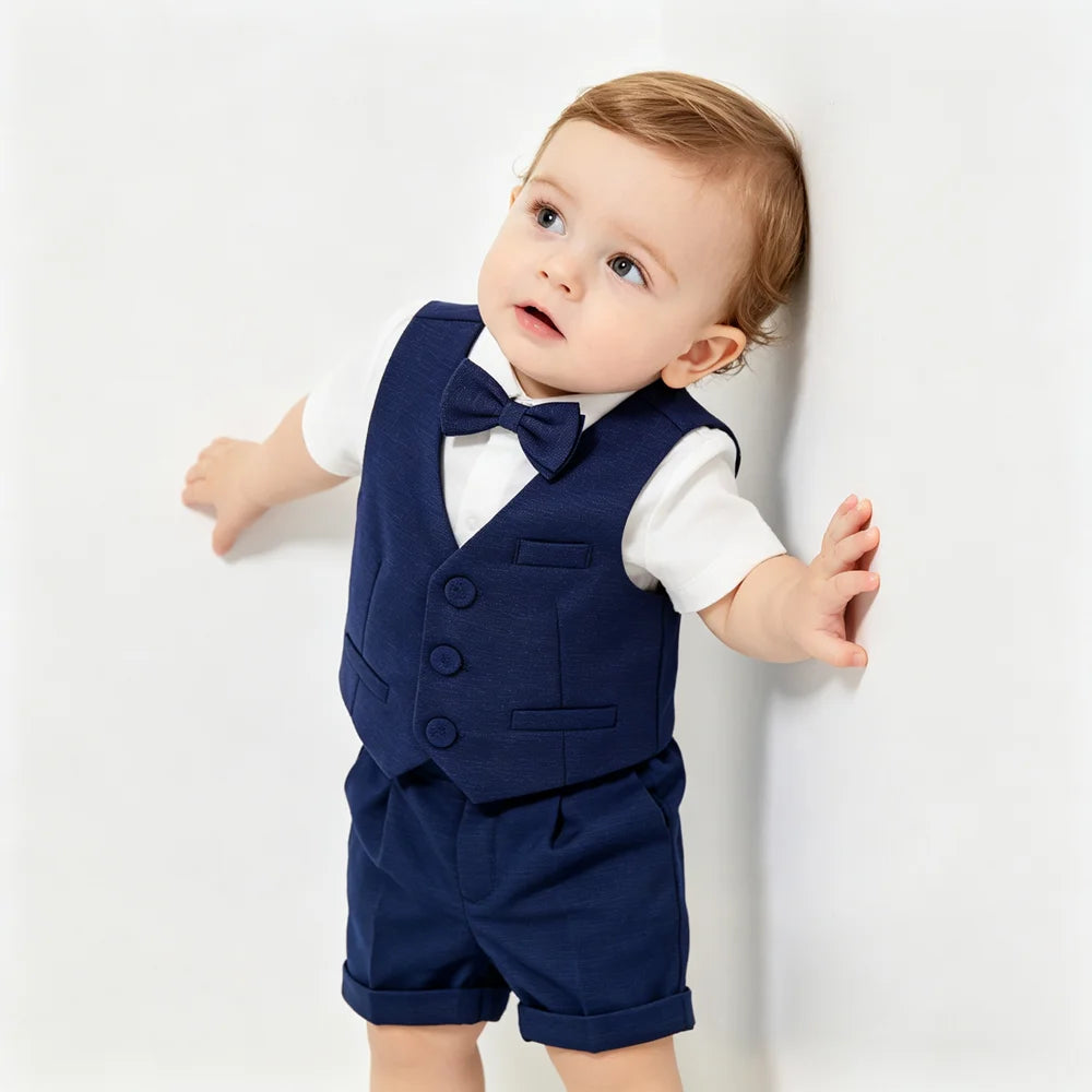 Costume formel bleu marine 4 pièces pour bébé garçon, tenue de gentleman pour tout-petit, vêtements pour baptême, mariage, fête d'anniversaire, pour 6 mois à 4 ans