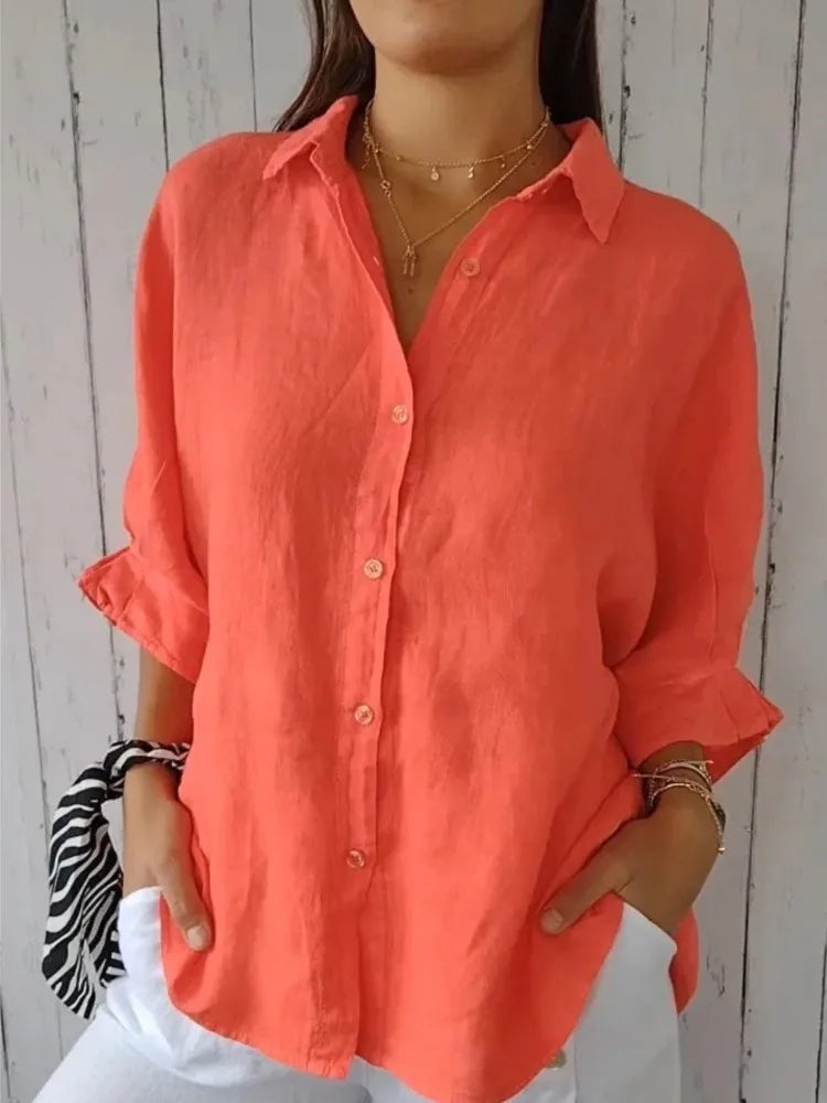 Chemise en lin de coton pour femmes, chemisier à lacets, nœud au dos élégant, monochromatique, décontracté, demi-manche à revers, printemps, été, nouveau
